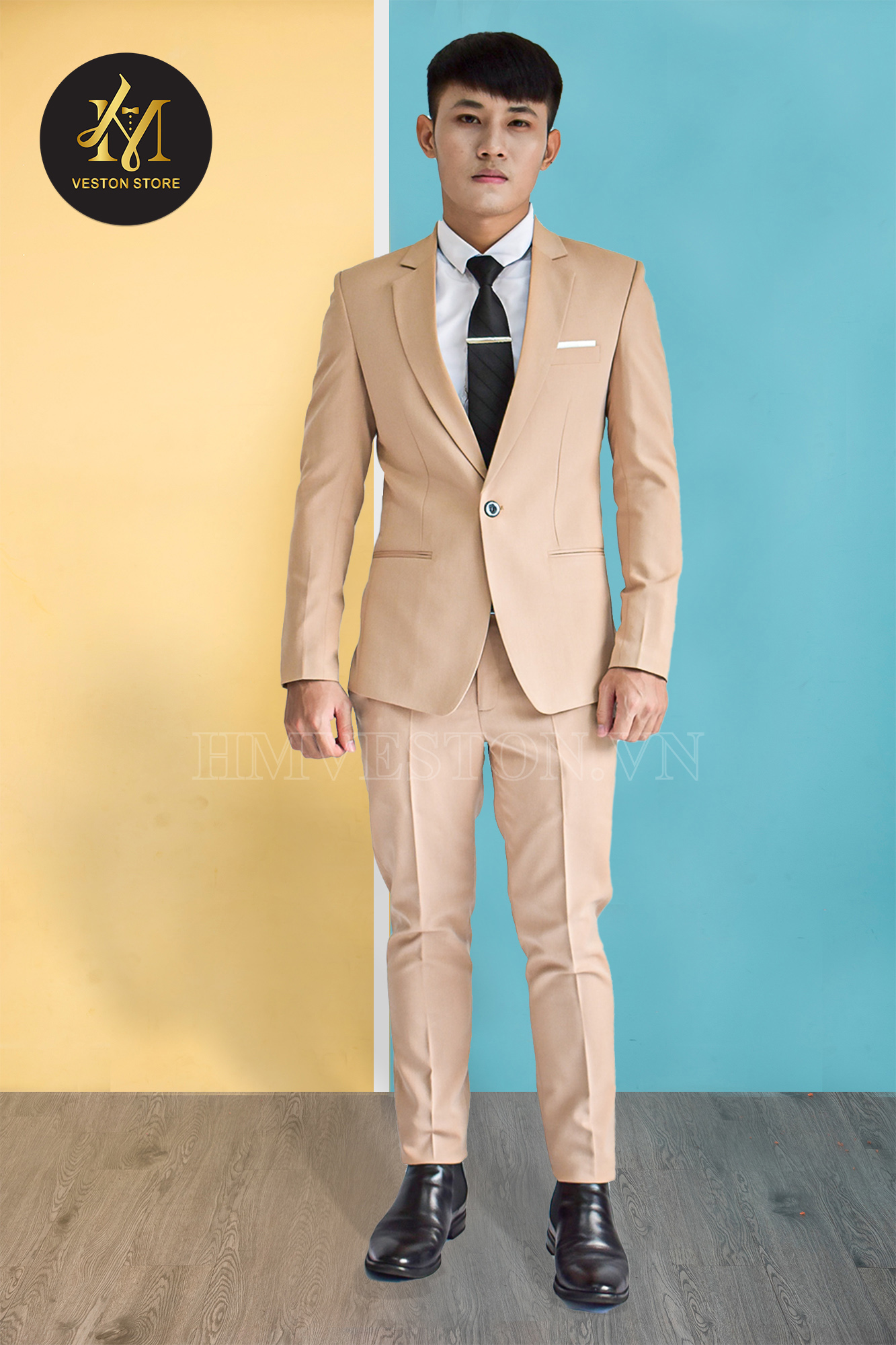 Bộ vest nam màu kem vàng ôm body tặng kèm cà vạt nơ 600K (2) copy