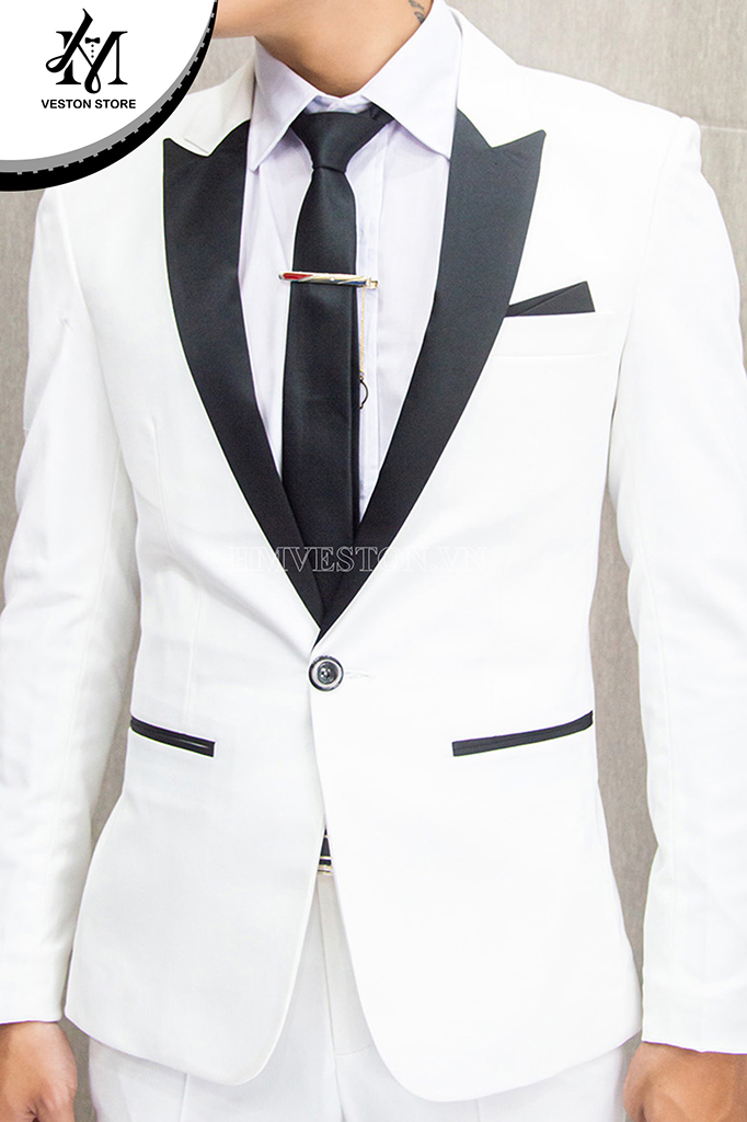 Bộ vest nam màu trắng kiểu ve ngóc phi đen